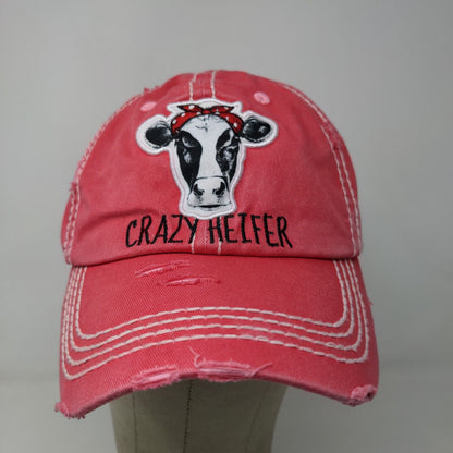 KB Ethos Women's Strapback Hat Pink Embroidered Crazy Heifer Cow Logo Distressed