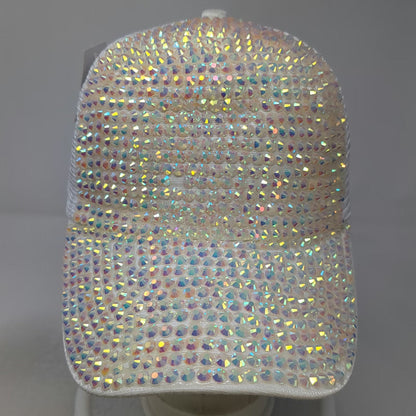 Trucker Hat White One Size Iridescent Rhinestones Gems Mesh Back Snapback Bling