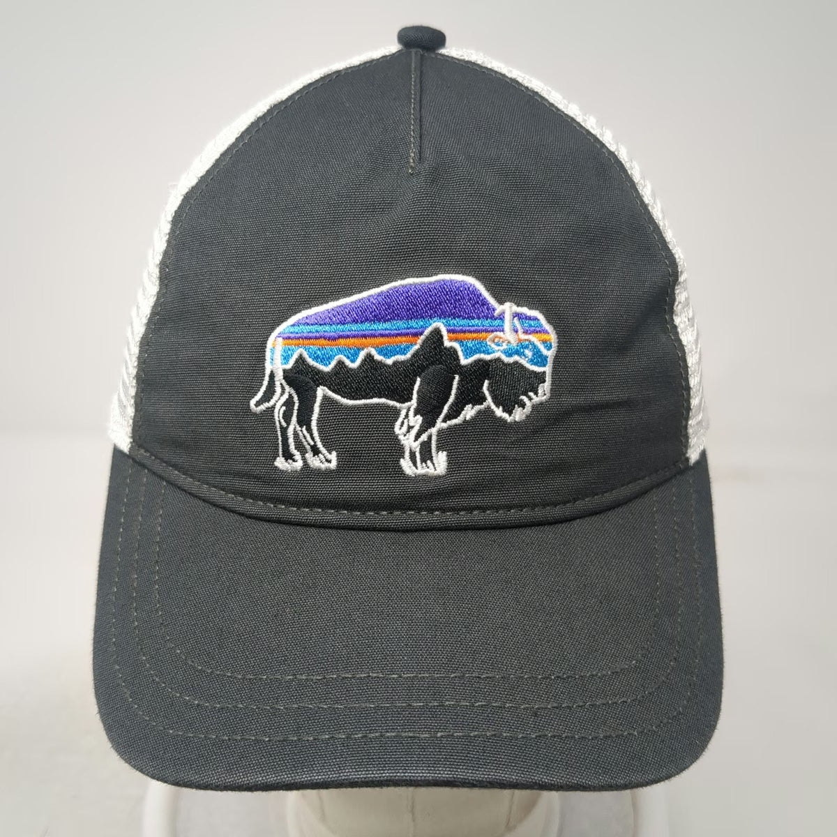 Patagonia Trucker Hat Gray White One Size Snapback Bison Buffalo Mesh Back