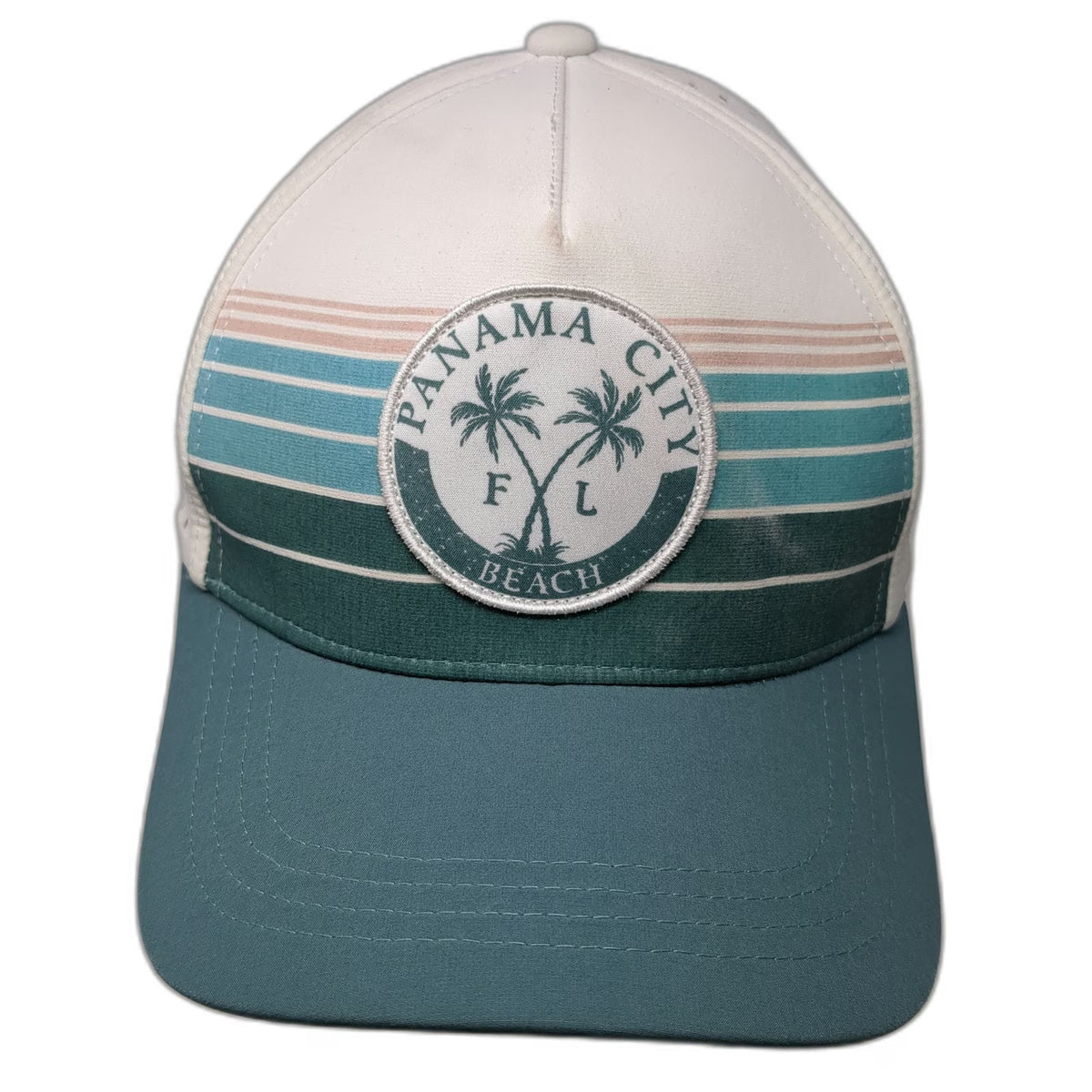 Free Style Trucker Hat White Blue One Size Panama City Beach Palm Tree Striped