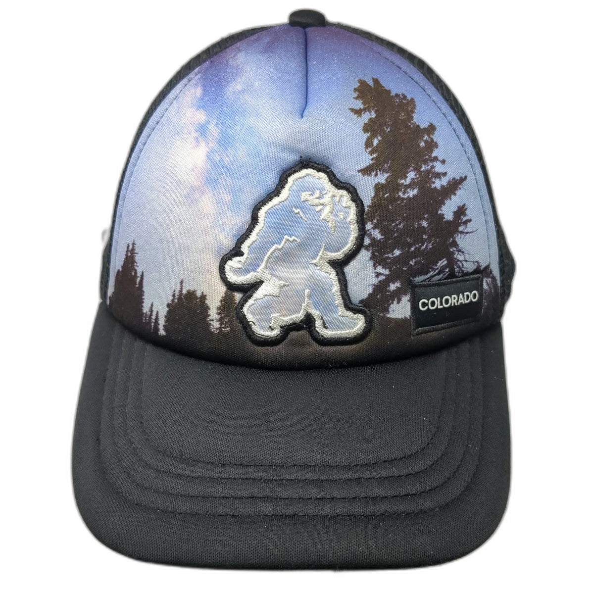 Hippy Trails Trucker Hat Black Blue One Size Bigfoot Sasquatch Colorado Mesh