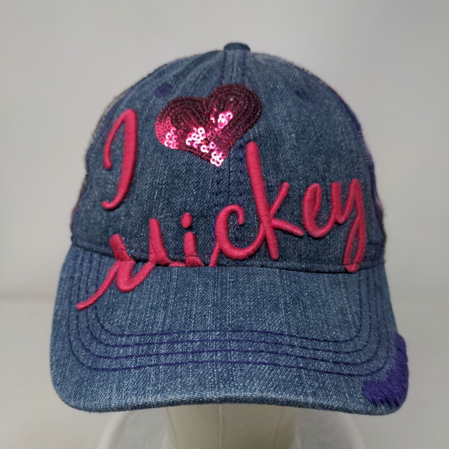 I Love Mickey Strapback Hat Multi OSFA Embroidered Sequin Denim Plaid