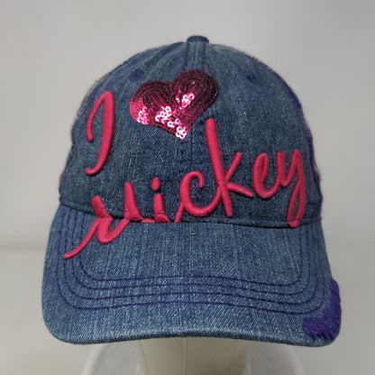 I Love Mickey Strapback Hat Multi OSFA Embroidered Sequin Denim Plaid