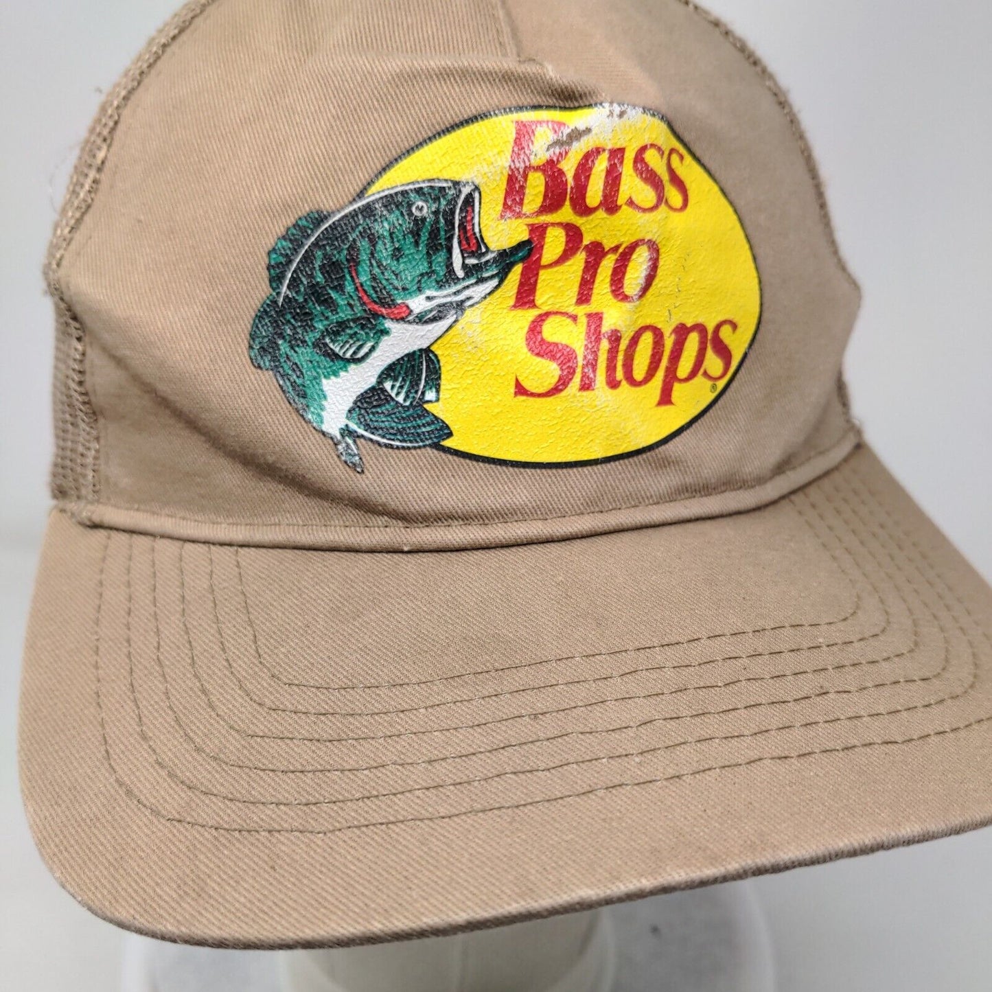 Bass Pro Shops Snapback Trucker Hat Tan OSFM Adjustable Mesh Back Gone Fishing