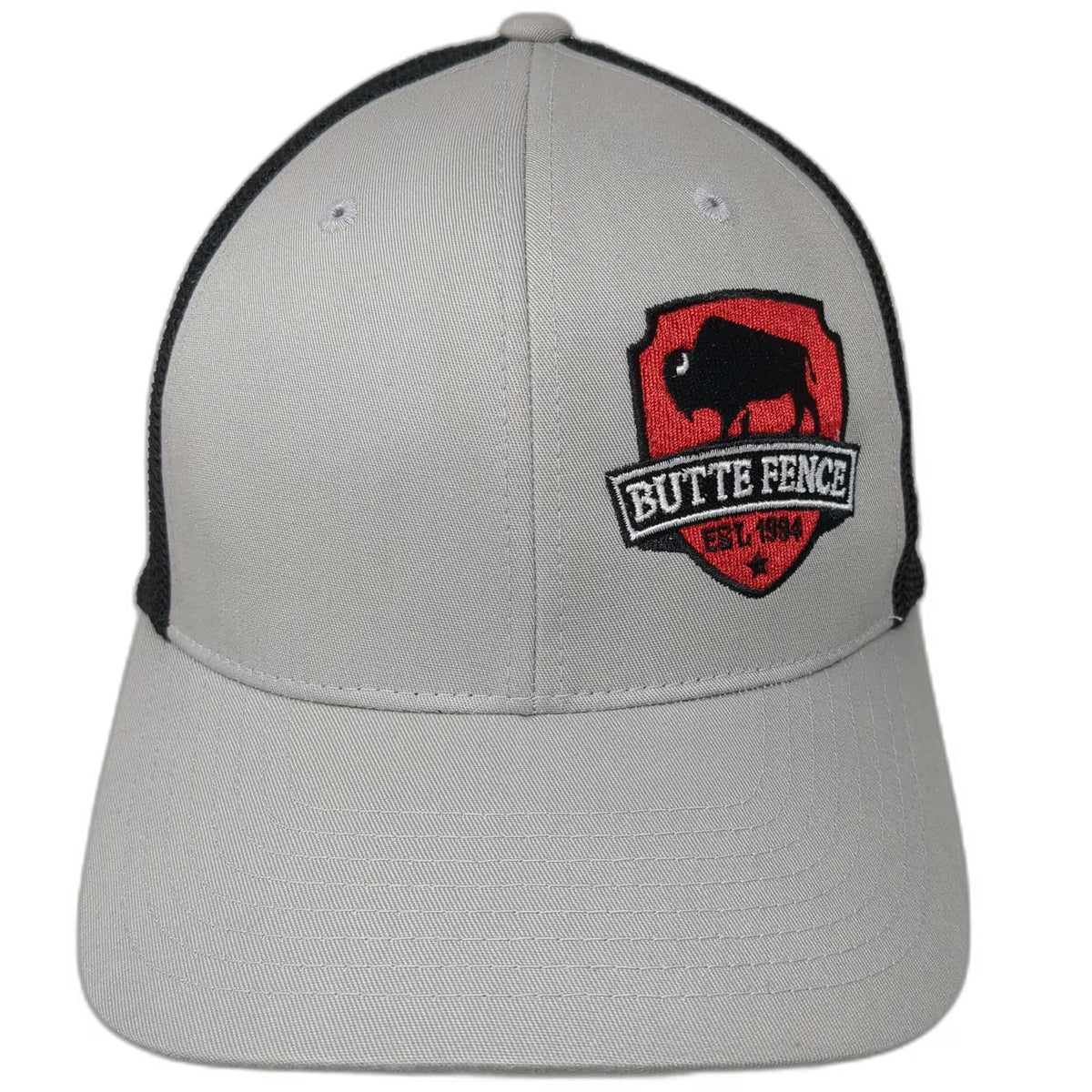 Port Authority Baseball Cap Gray M Fitted Flexfit Mesh Butte Fence Bison Logo