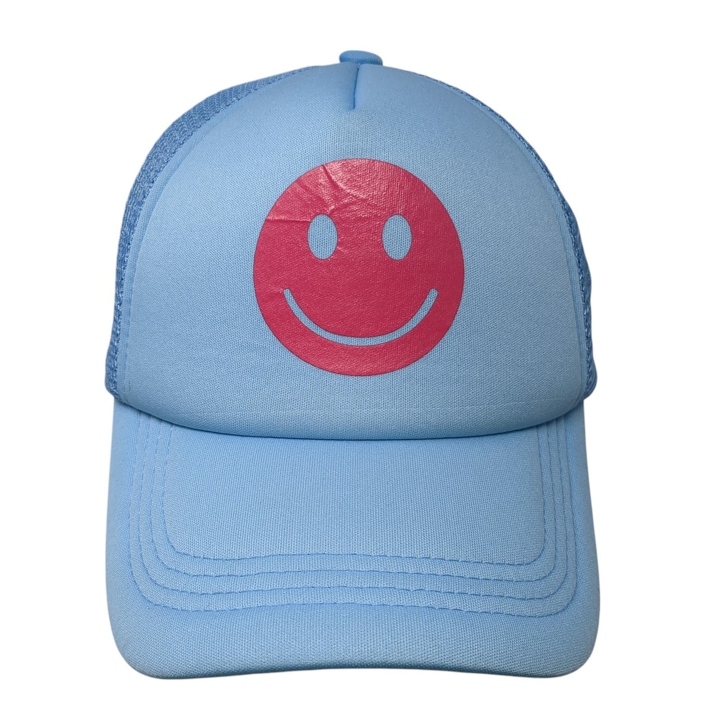 Smiley Face Snapback Mesh Back Trucker Hat Blue One Size Adjustable