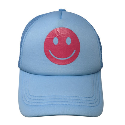 Smiley Face Snapback Mesh Back Trucker Hat Blue One Size Adjustable