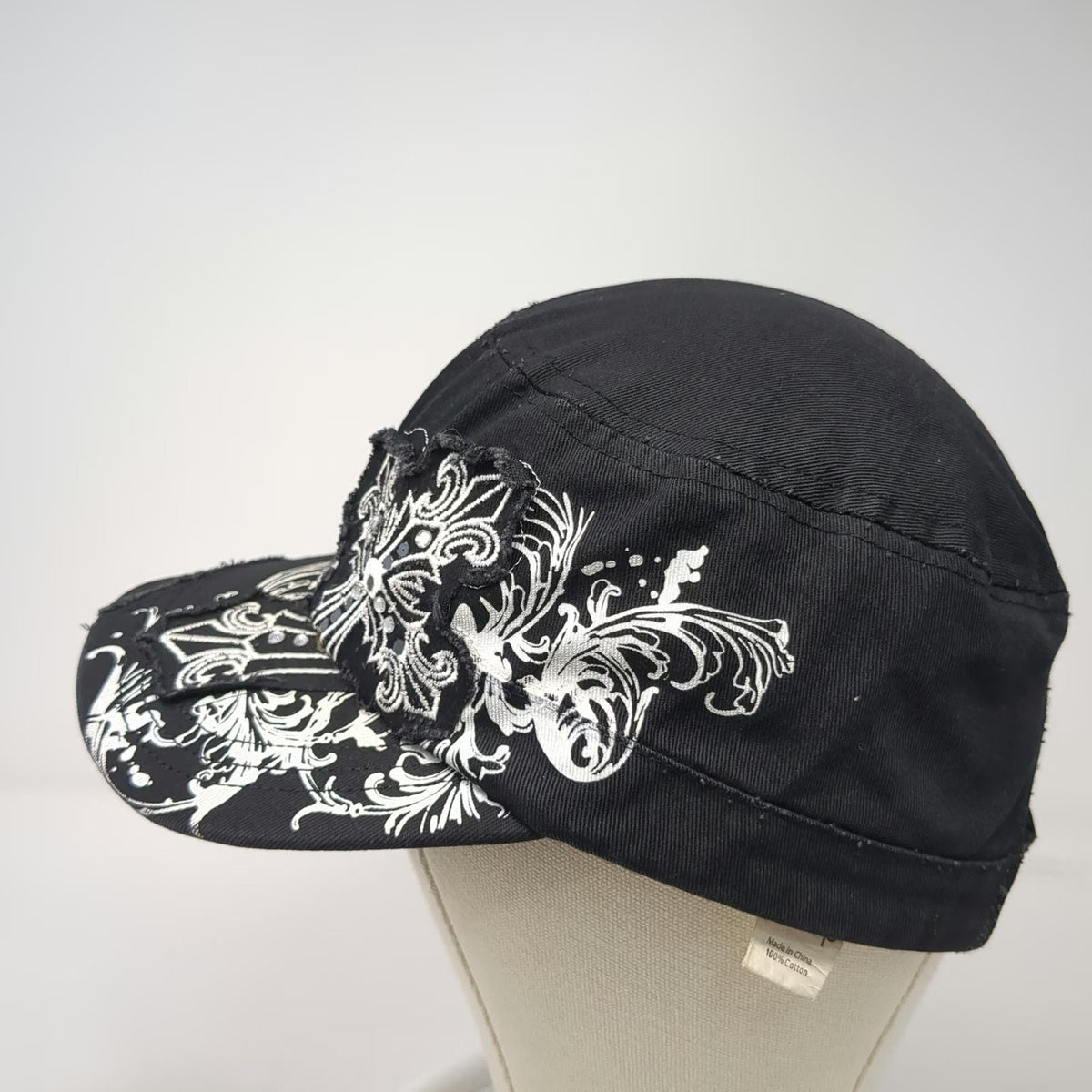 Zancap Army Cap Black One Size Distressed Cross Rhinestone Scroll Cotton Hat