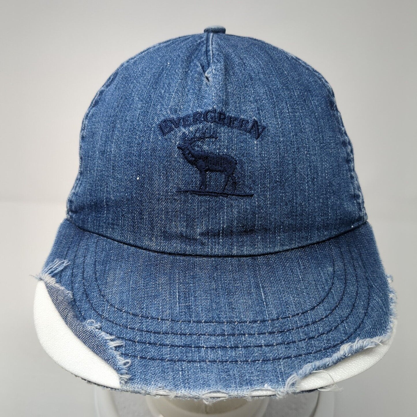 Ever Green Baseball Cap Blue One Size Adjustable Embroidered Distressed Denim