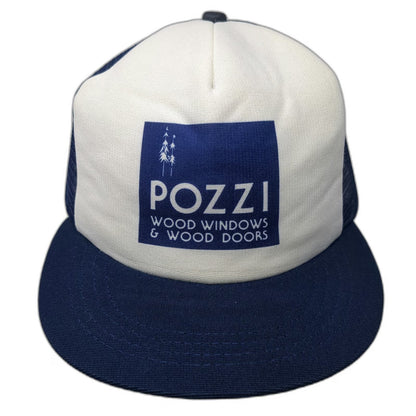 Pozzi Wood Windows Doors Trucker Hat Blue White Mesh Back Snapback USA Vintage