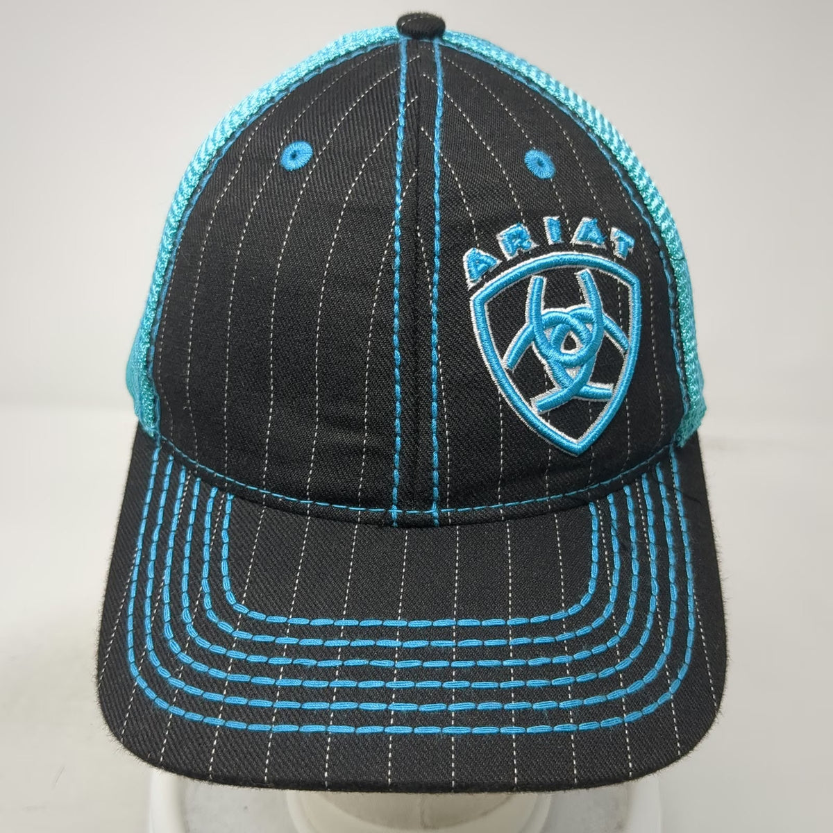 Ariat Trucker Hat Black Blue One Size Pinstripe Mesh Snapback Logo Western Sewn