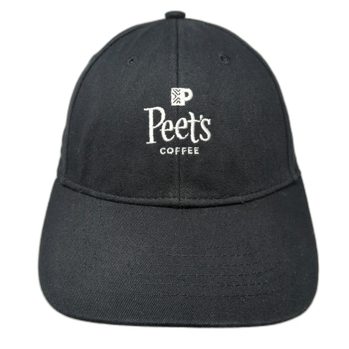 Peet's Coffee Baseball Cap Black One Size Leather Strap Slideback 6 Panel Hat