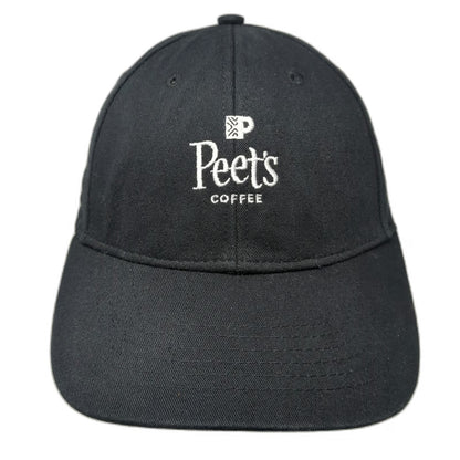 Peet's Coffee Baseball Cap Black One Size Leather Strap Slideback 6 Panel Hat