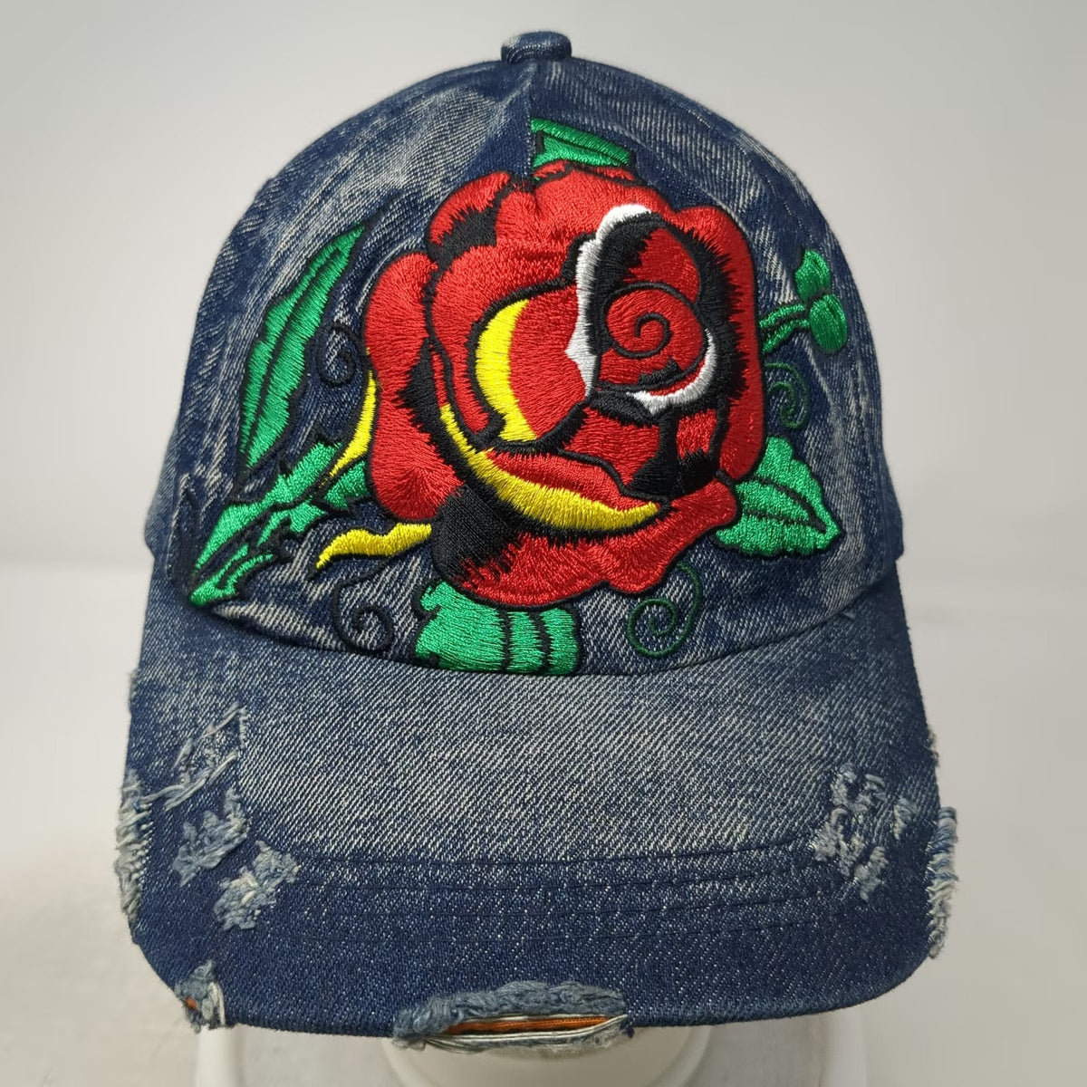 Hattitude 5 Panel Blue One Size Hat Embroidered Rose Distressed Denim Slideback
