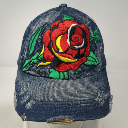 Hattitude 5 Panel Blue One Size Hat Embroidered Rose Distressed Denim Slideback