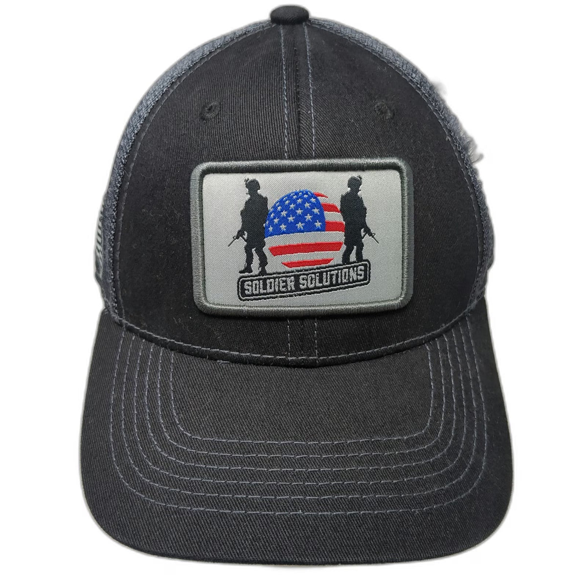 Soldier Solutions Trucker Hat Black OSFM Mesh Back Front Logo Side Flag Patch