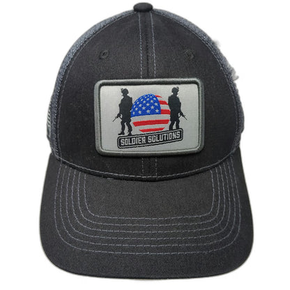 Soldier Solutions Trucker Hat Black OSFM Mesh Back Front Logo Side Flag Patch