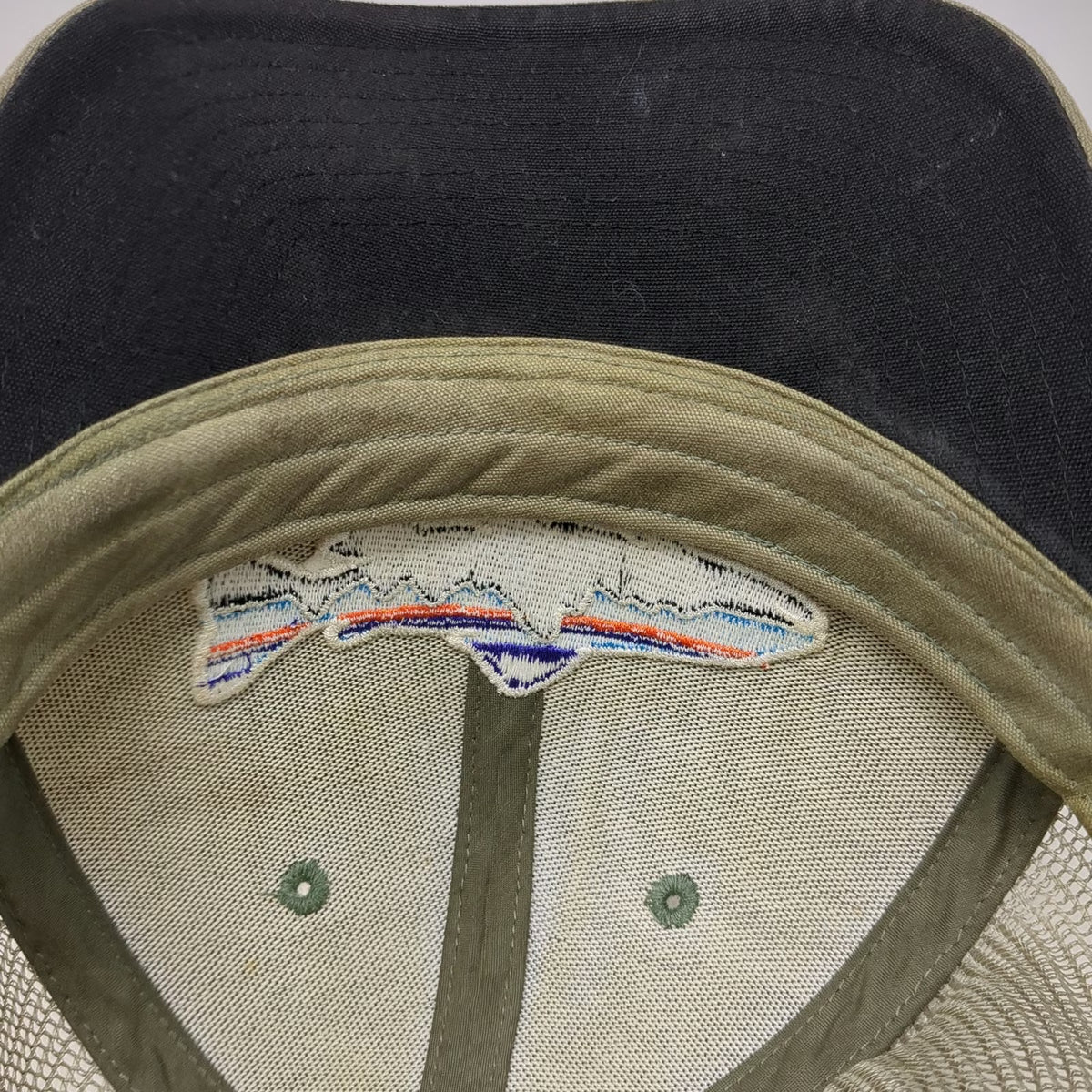 Patagonia Trucker Hat Beige One Size Mesh Back Embroidered Fish Logo Snapback