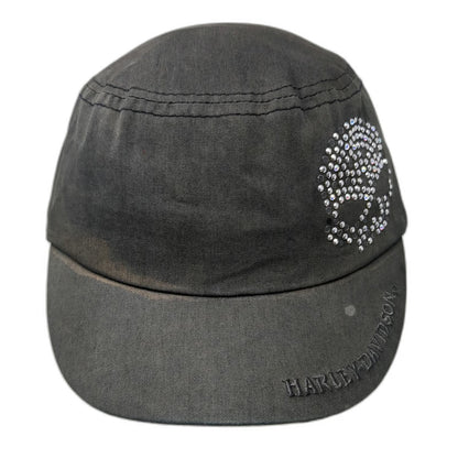 Harley-Davidson Army Cap Gray One Size Rhinestone Skull Embroidered Cotton Hat
