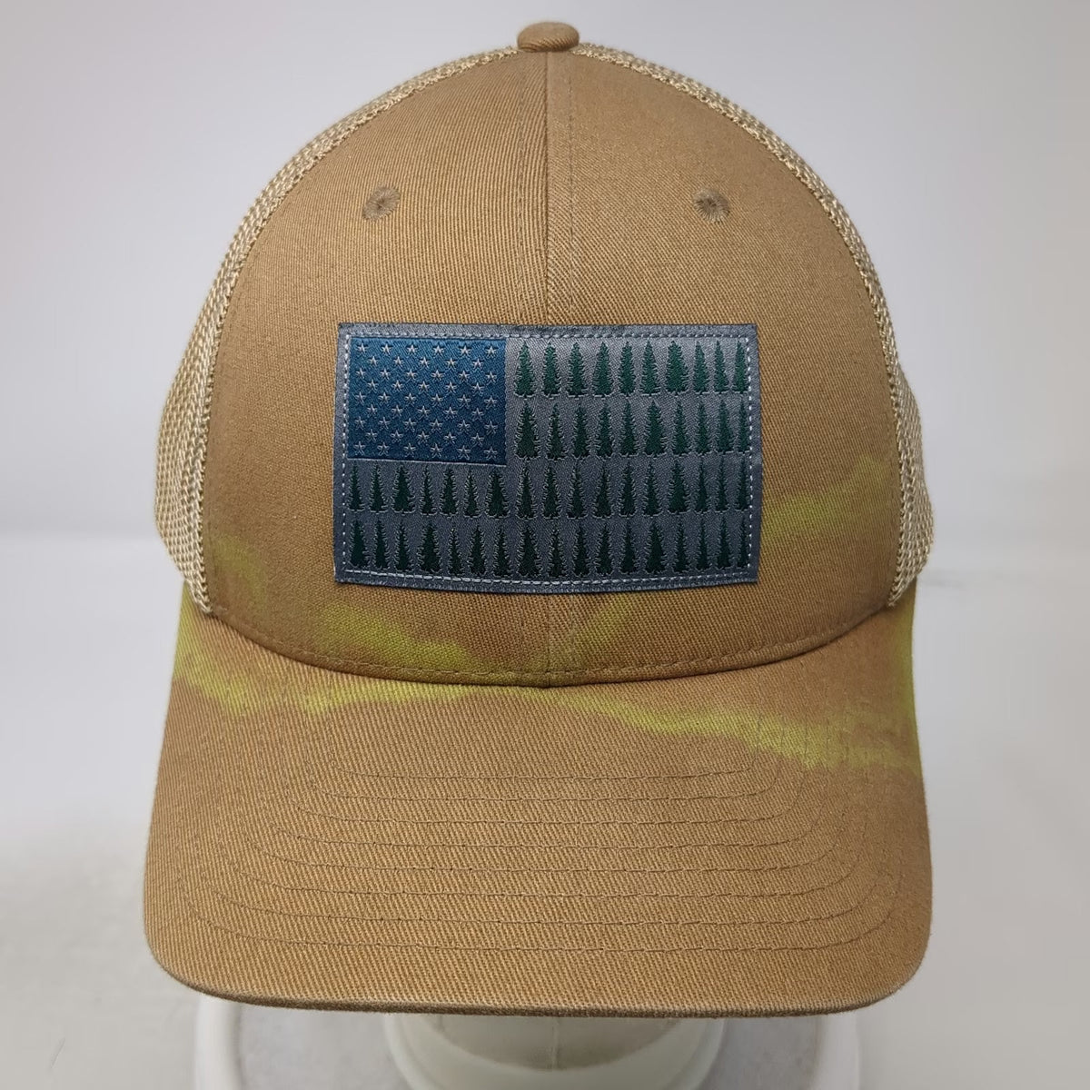 Columbia Baseball Cap Brown XL Mesh Back Pine Tree Flag Patch Stretch Hat
