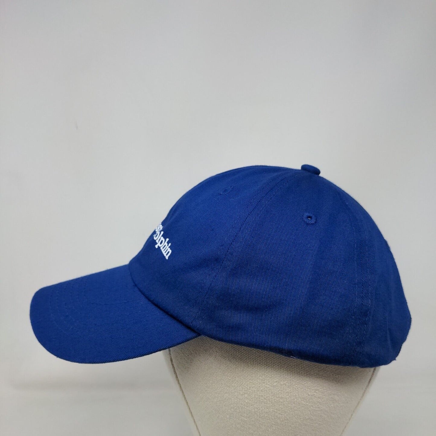 The Dusty Dolphin Slideback Hat Blue OSFA Adjustable 6 Panel Vent Holes