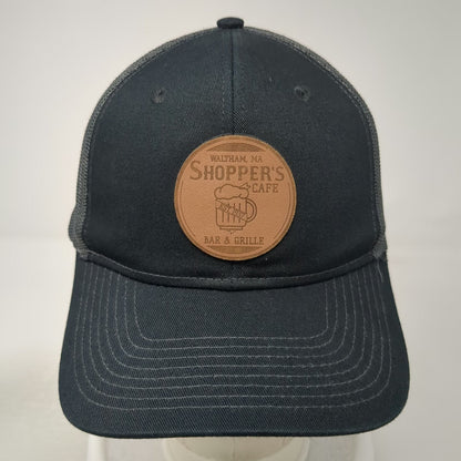 Port Authority Trucker Hat Black OSFM Shopper's Cafe Bar Grille Leather Patch