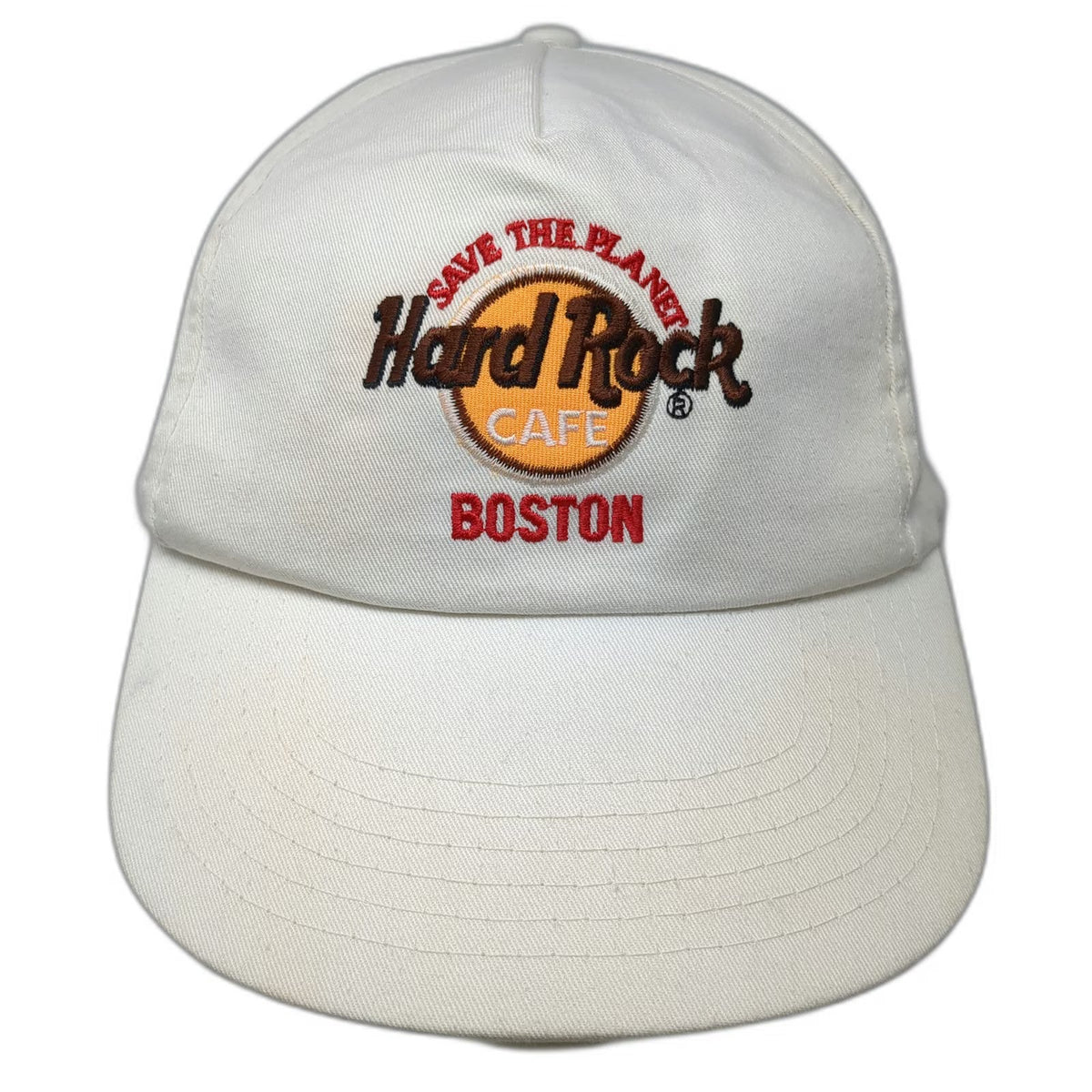 Hard Rock Cafe 5 Panel White OSFM Hat Boston Save the Planet Slideback Cotton