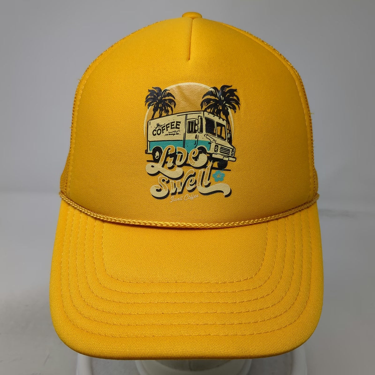 Otto Trucker Hat Yellow OSFM Mesh Back Snapback Live Swell Coffee Truck Graphic