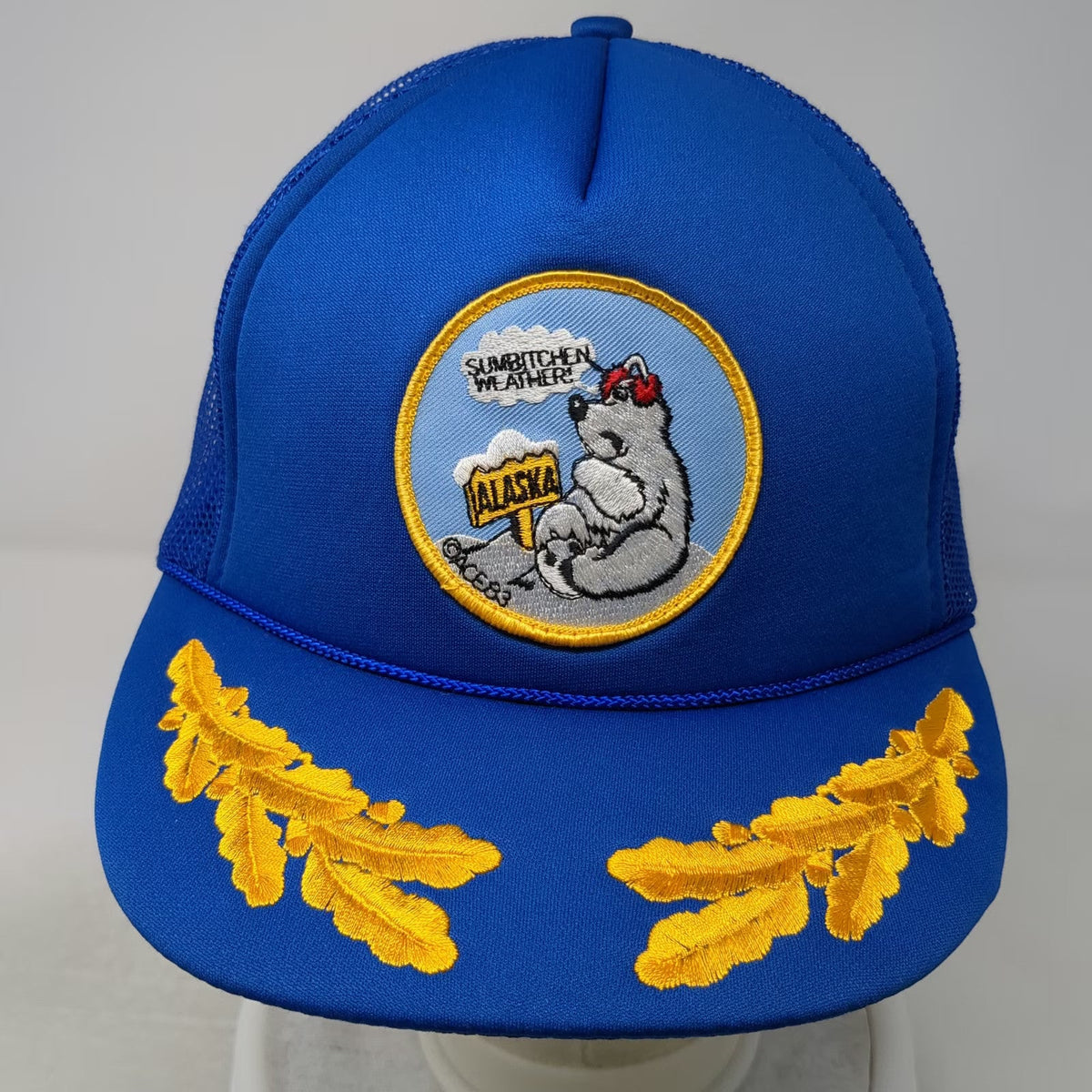 A.C.E. Alaska Trucker Hat Blue One Size Scrambled Eggs Polar Bear Patch Mesh