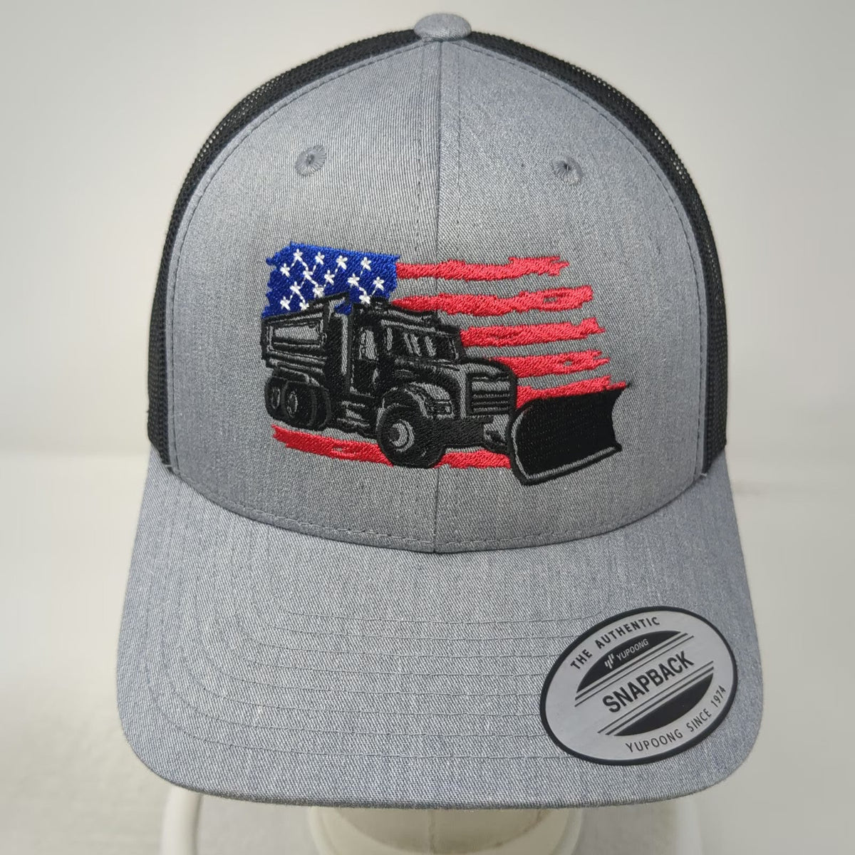 Yupoong Trucker Hat Gray One Size Dump Truck Snow Plow American Flag Snapback
