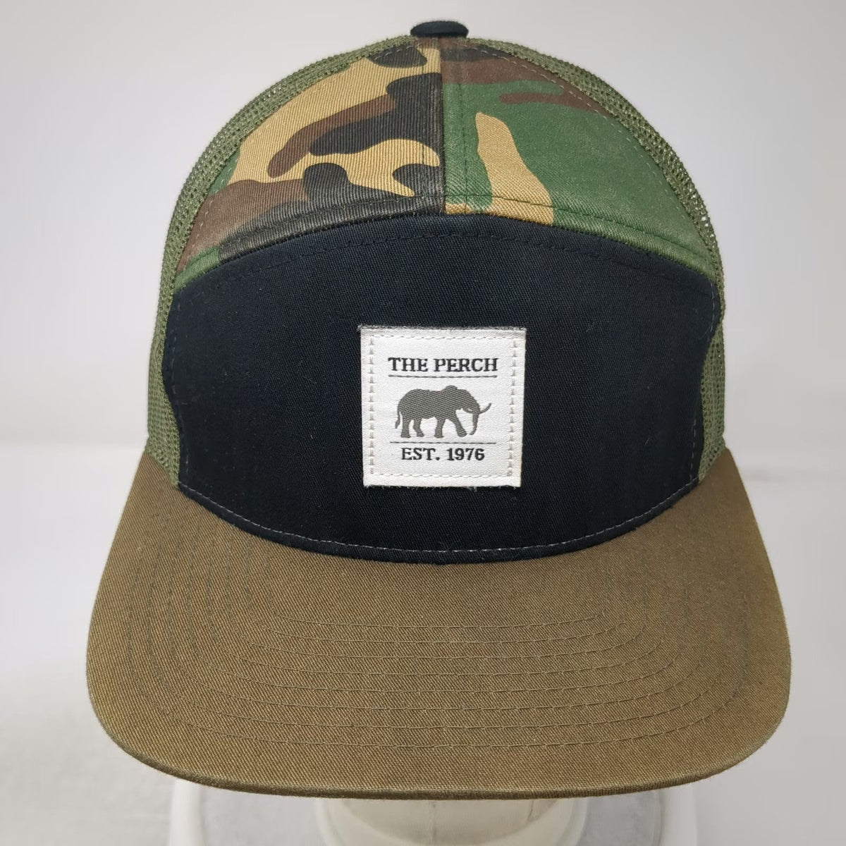 The Perch Trucker Hat Green Black OSFM Camo Mesh Idaho Flat Brim 1976 Elephant
