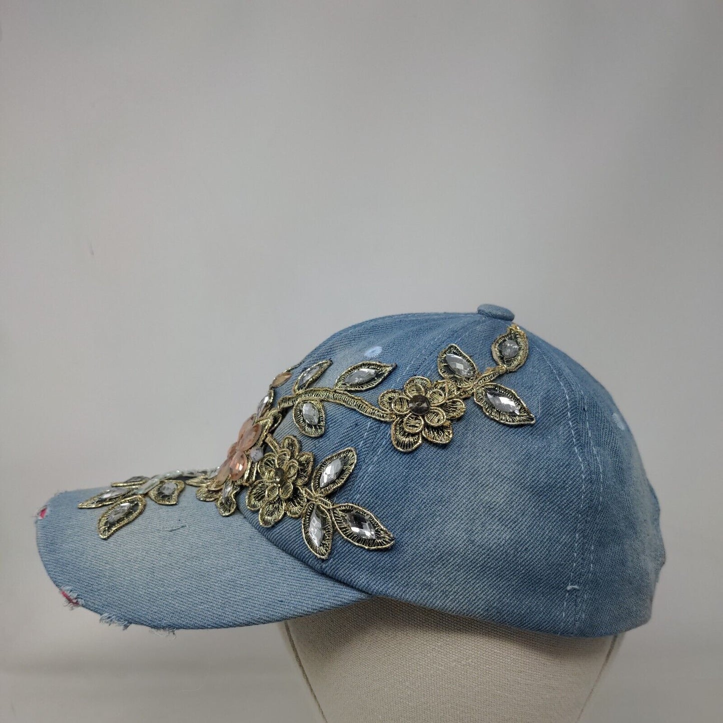 Unbranded Slideback Hat Blue OSFM Leather Strap Embellished Denim