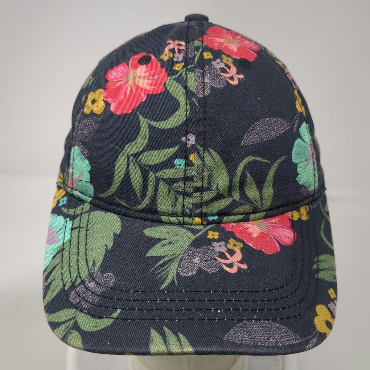 Floral Baseball Cap Black One Size Cotton Slideback Strap Hat Flower Pattern