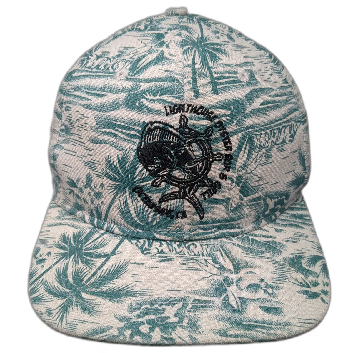 Double Portion Supply 5 Panel White Hat One Size Tropical Palm Tree Oyster Bar
