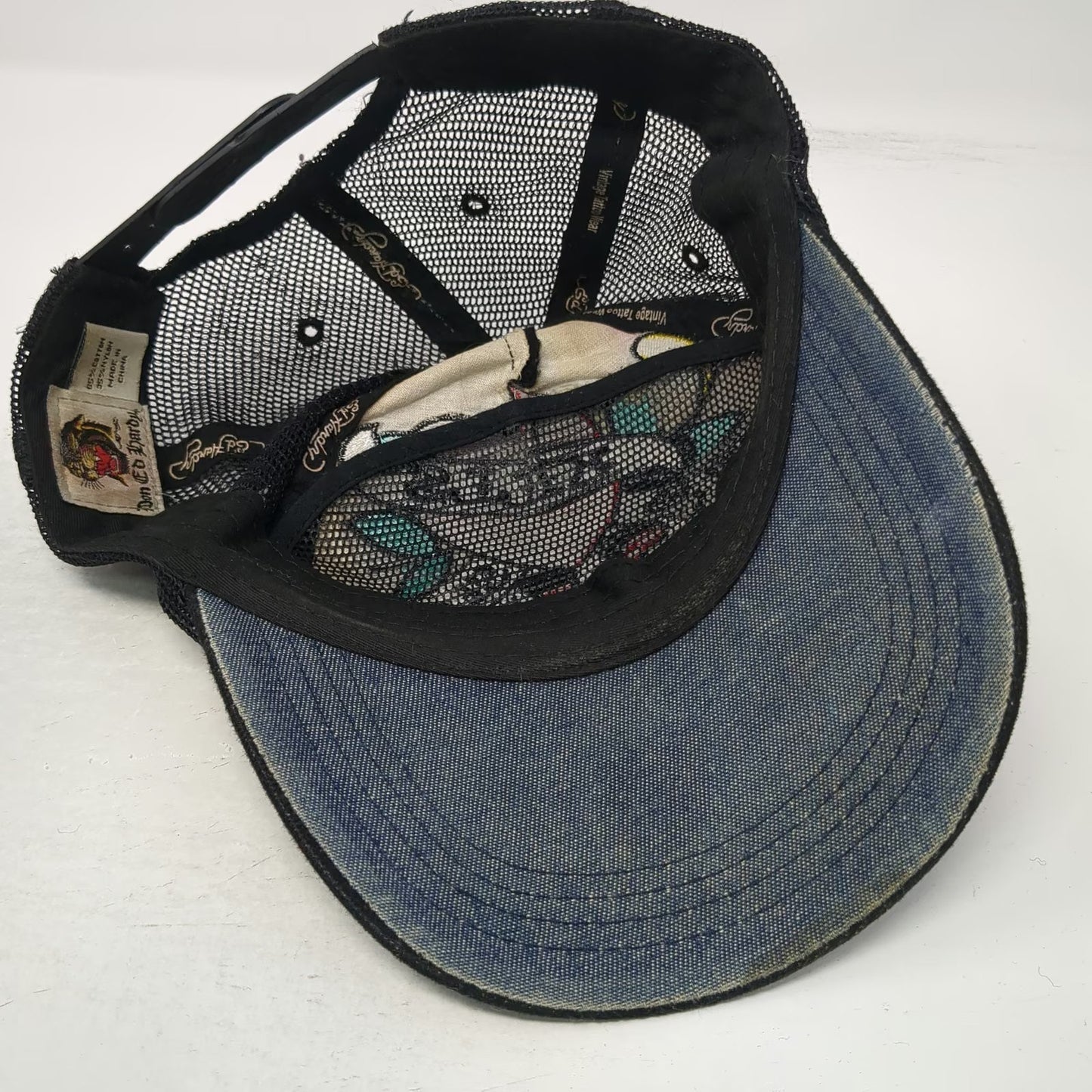 Ed Hardy Trucker Hat Black One Size Rhinestone Skull Heart Tattoo Graphic