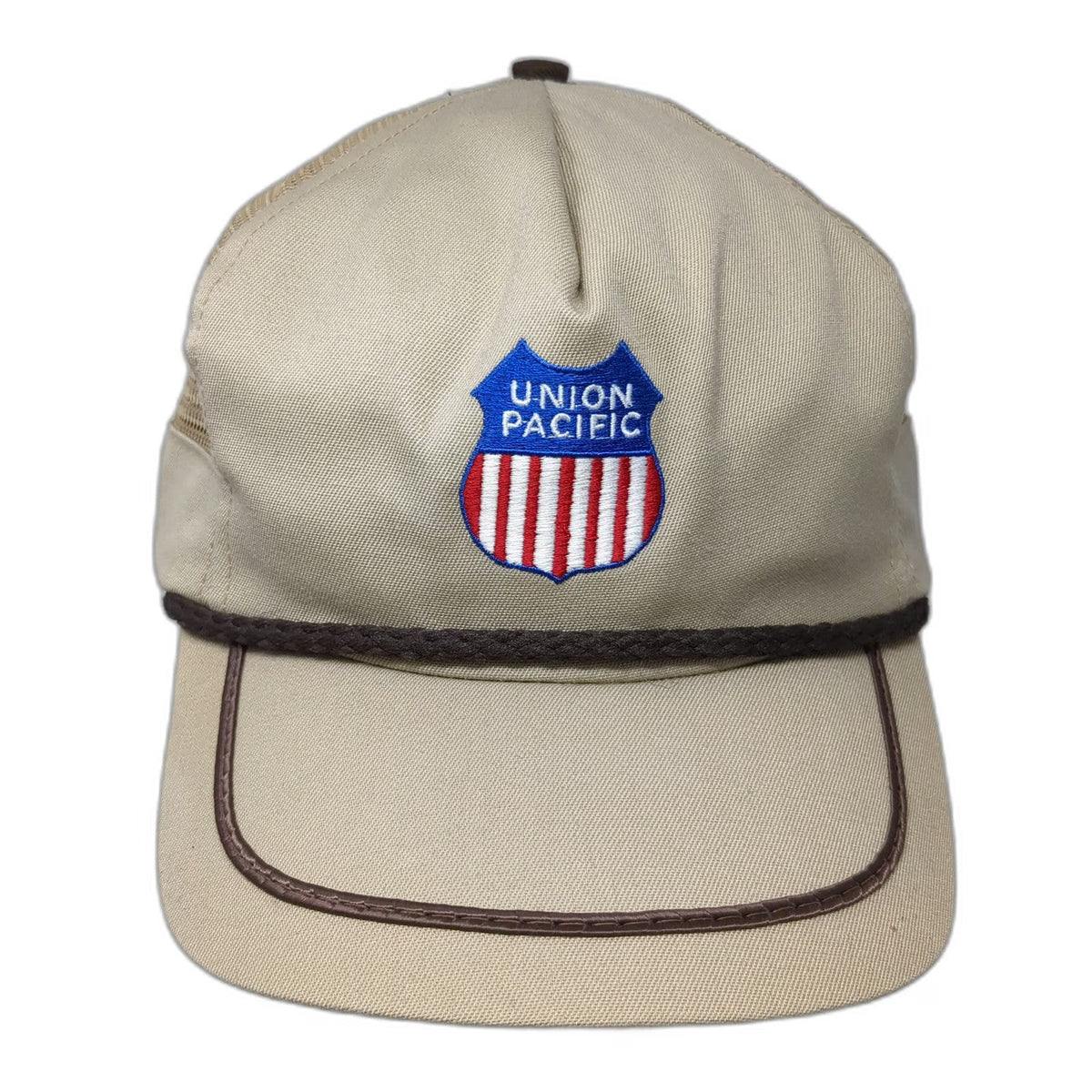 Union Pacific Railroad 5 Panel Hat Beige One Size Trucker Mesh Snapback Rope USA