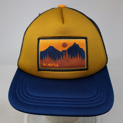 KAVU Trucker Hat Yellow Blue One Size Mesh Snapback Foam Landscape Mountain