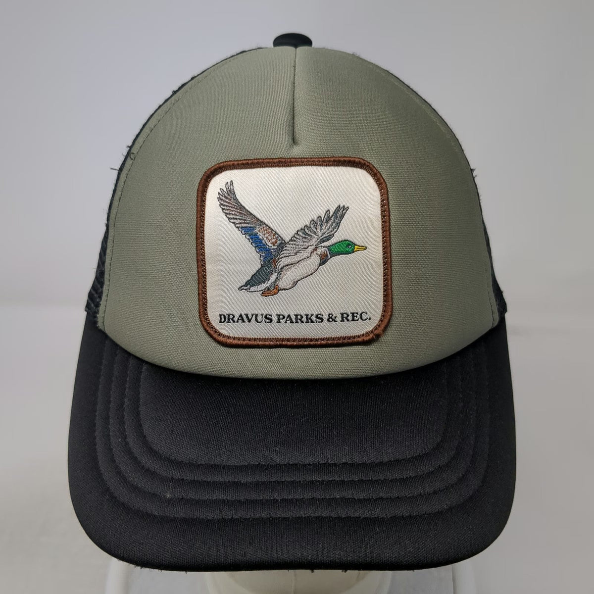 Dravus Trucker Hat Green Black One Size Parks & Rec Mallard Duck Graphic Patch