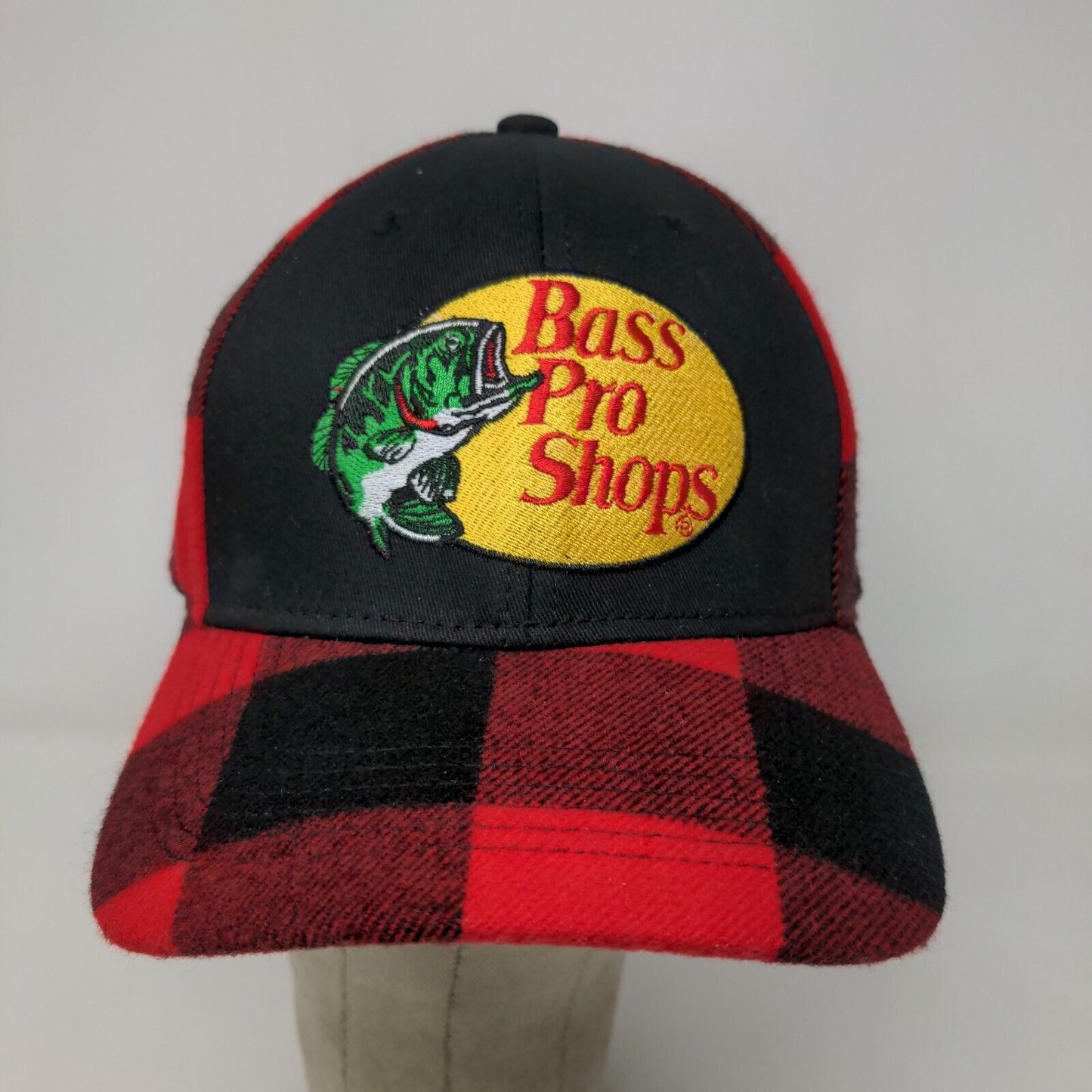 Bass Pro Shops Men's Snapback Hat Red Black Buffalo Plaid Size OSFM Embroidered