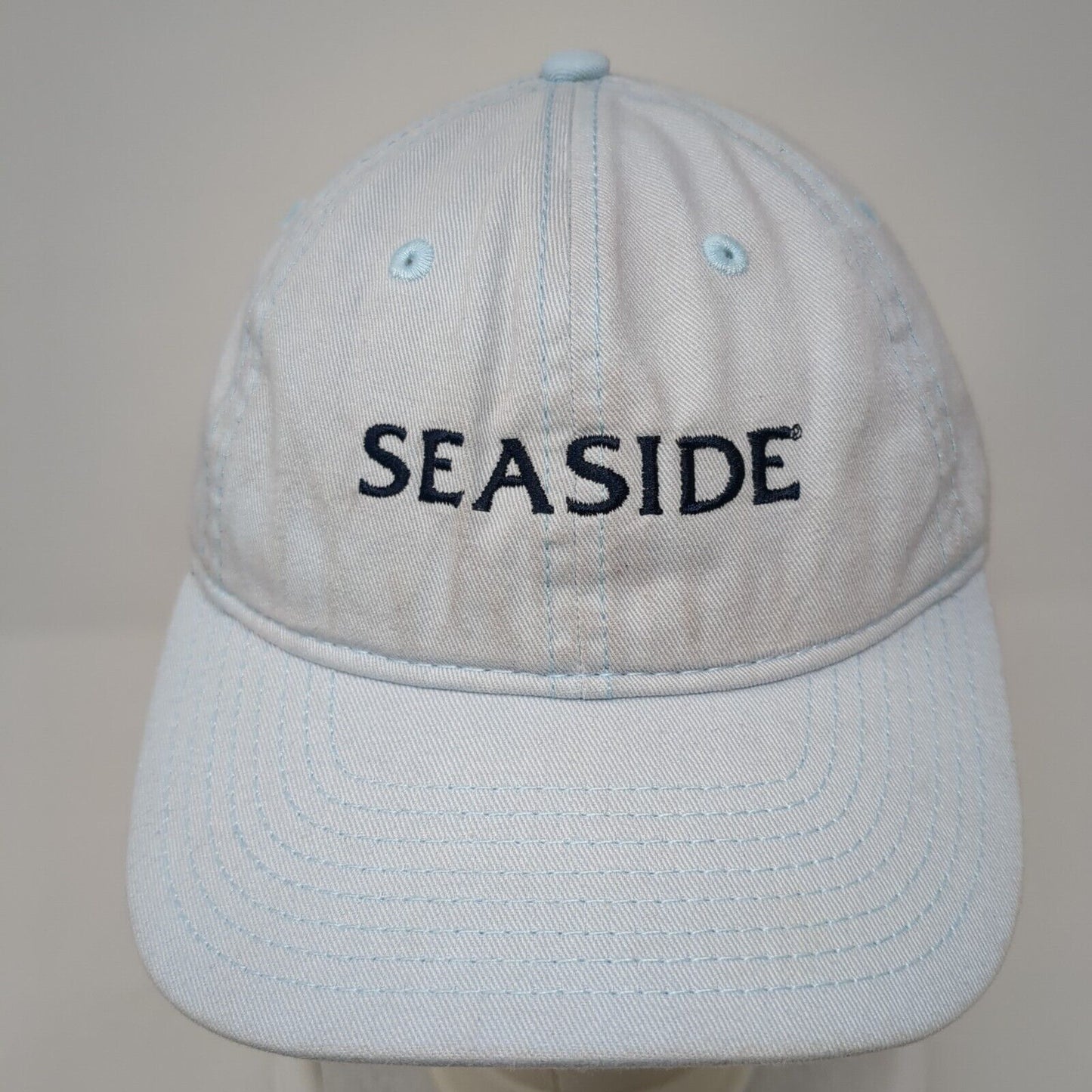 Sea Side Strapback Hat Blue One Size Adjustable Embroidered Vented Holes 6 Panel