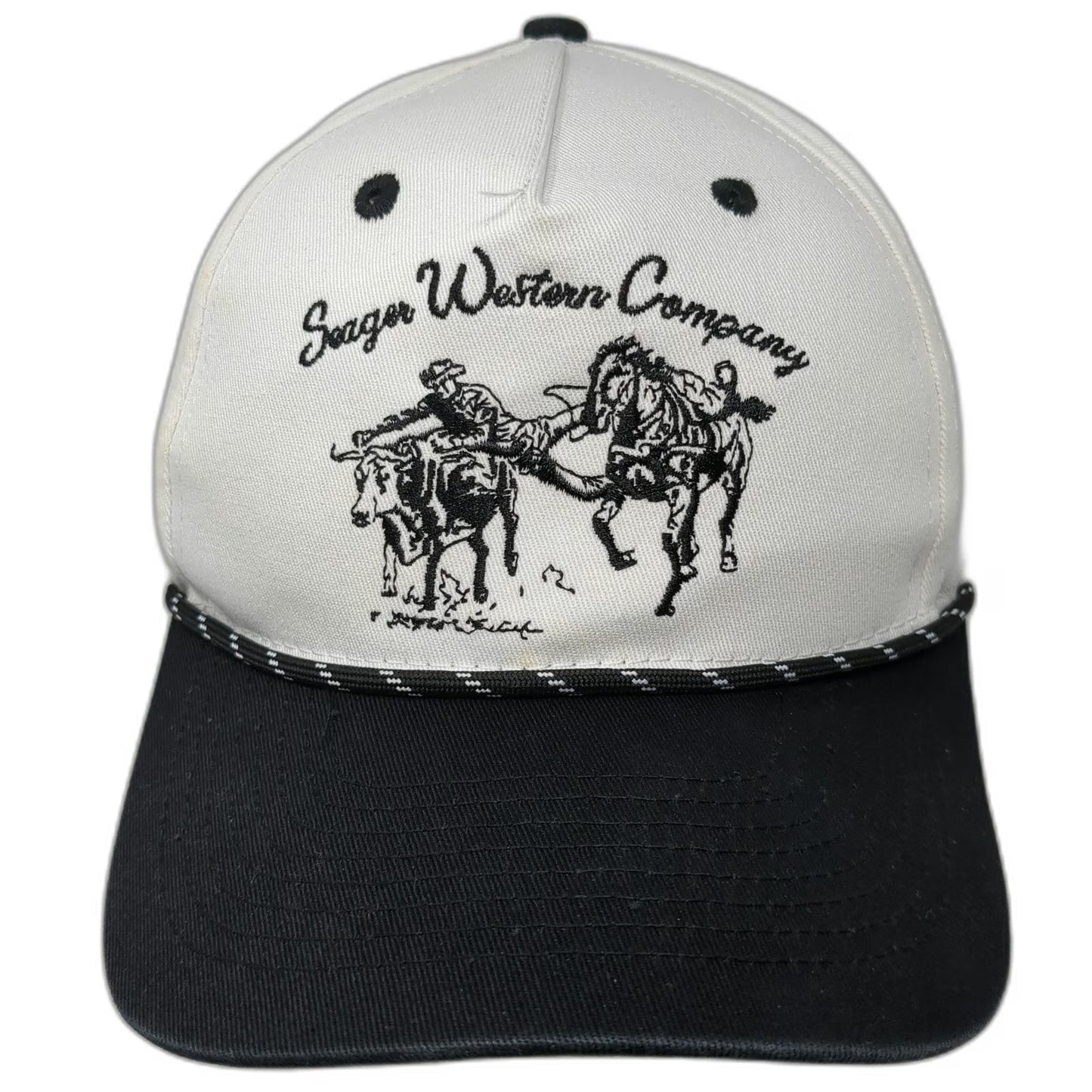 Seager 5 Panel White Black OSFM Rope Hat Snapback Western Cowboy Cotton Steer