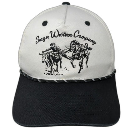 Seager 5 Panel White Black OSFM Rope Hat Snapback Western Cowboy Cotton Steer