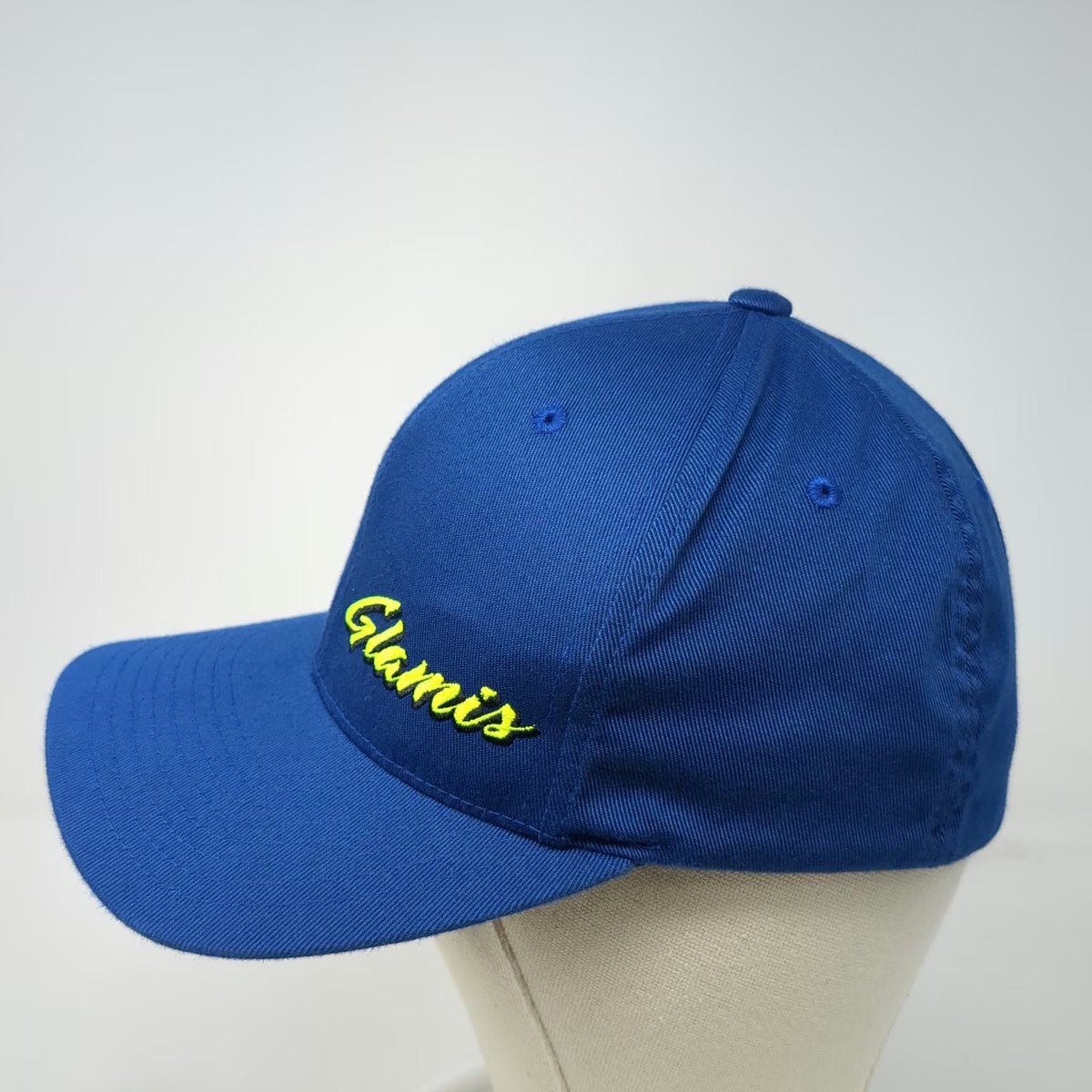 Flexfit Baseball Cap Blue M Glamis Script Logo Curved Brim Structured Hat