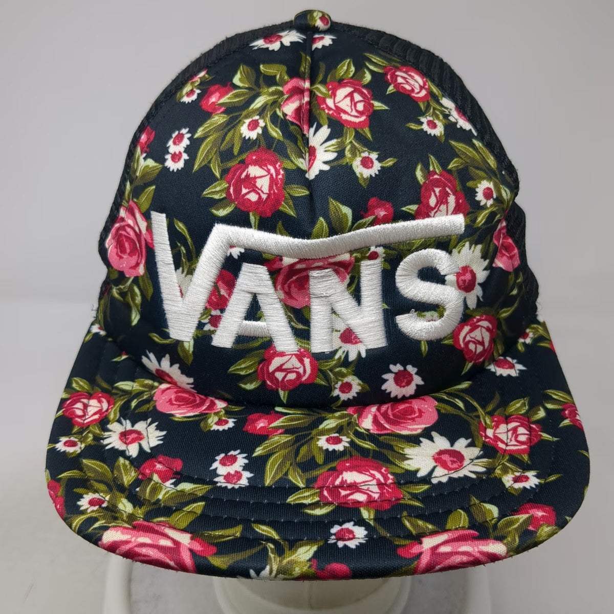 Vans Trucker Hat Black Floral Pink White One Size Mesh Snapback Flat Brim Logo