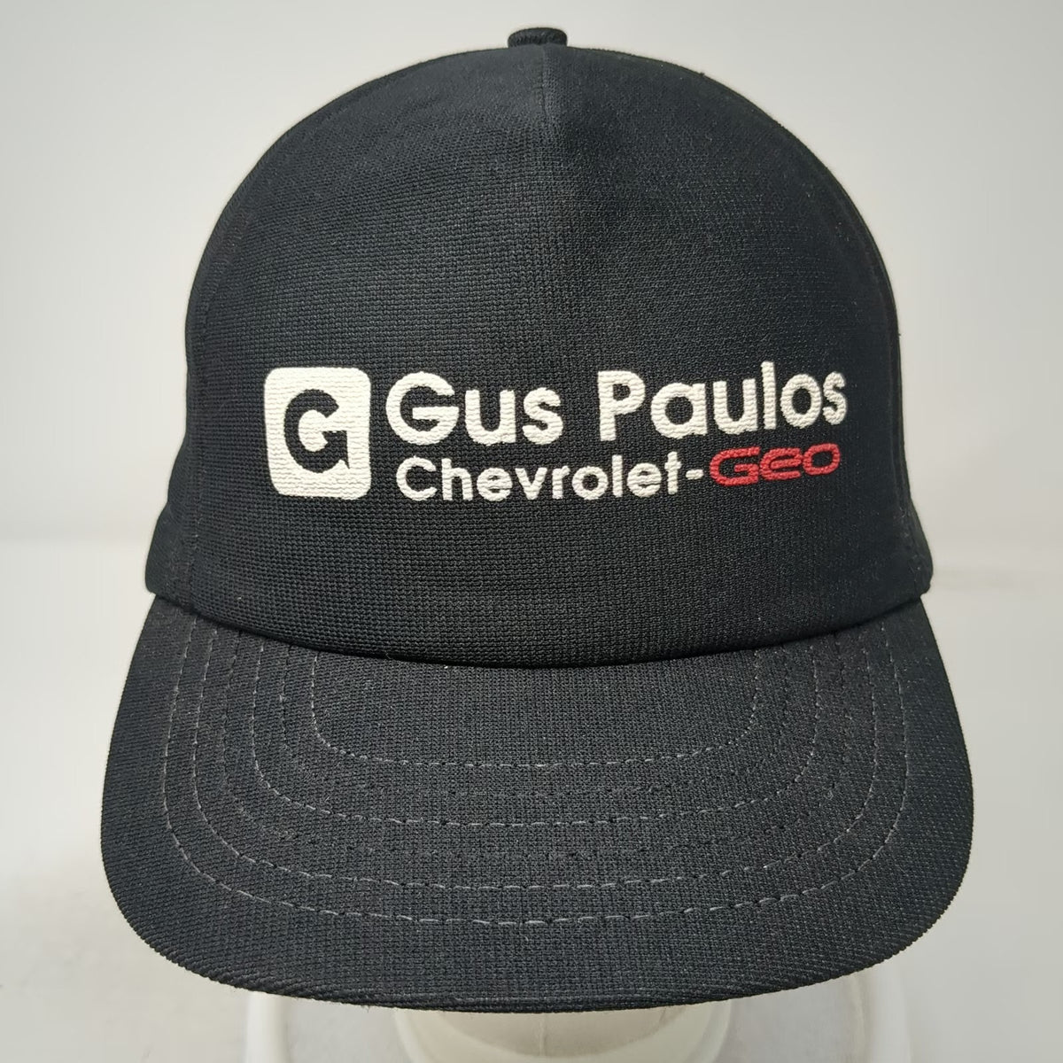 Gus Paulos Chevrolet Geo Black OS Trucker Snapback Hat Made USA Car Vintage