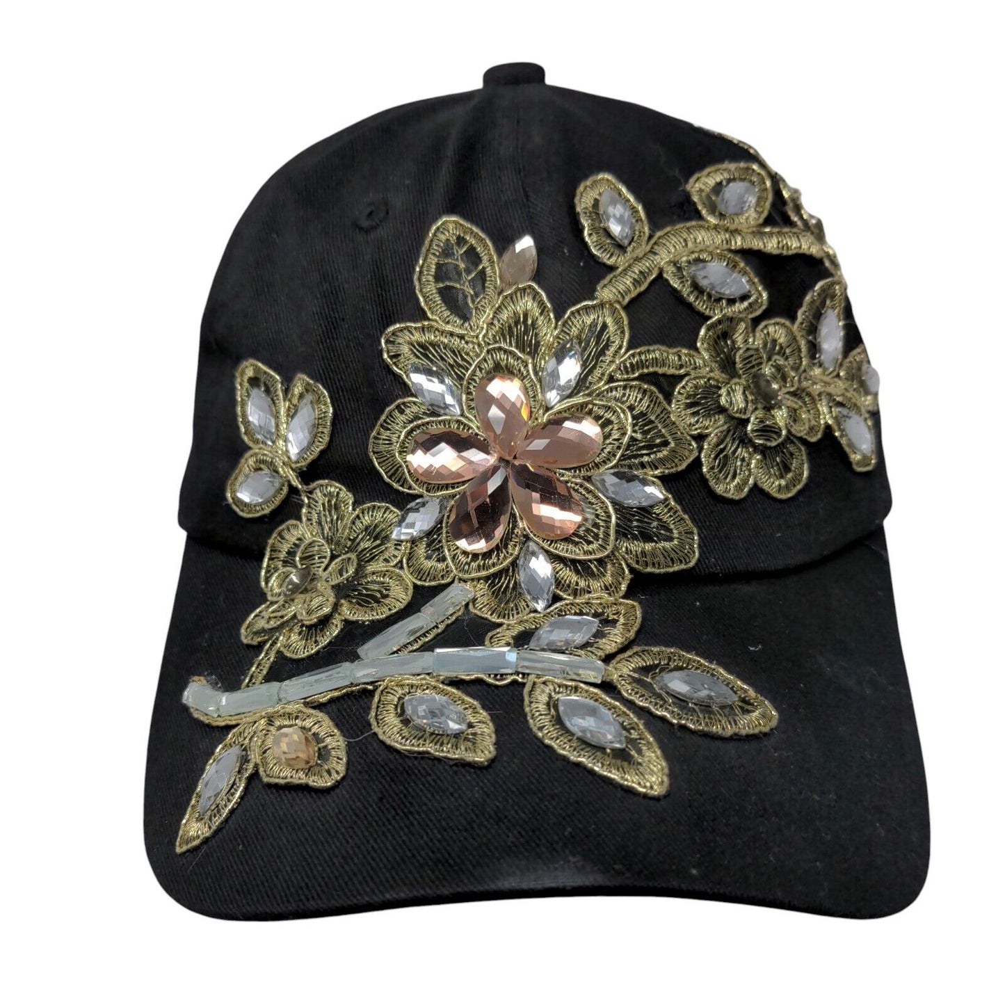 Rhinestone Jewel Flowers Slideback Hat Black OSFA Adjustable Bling