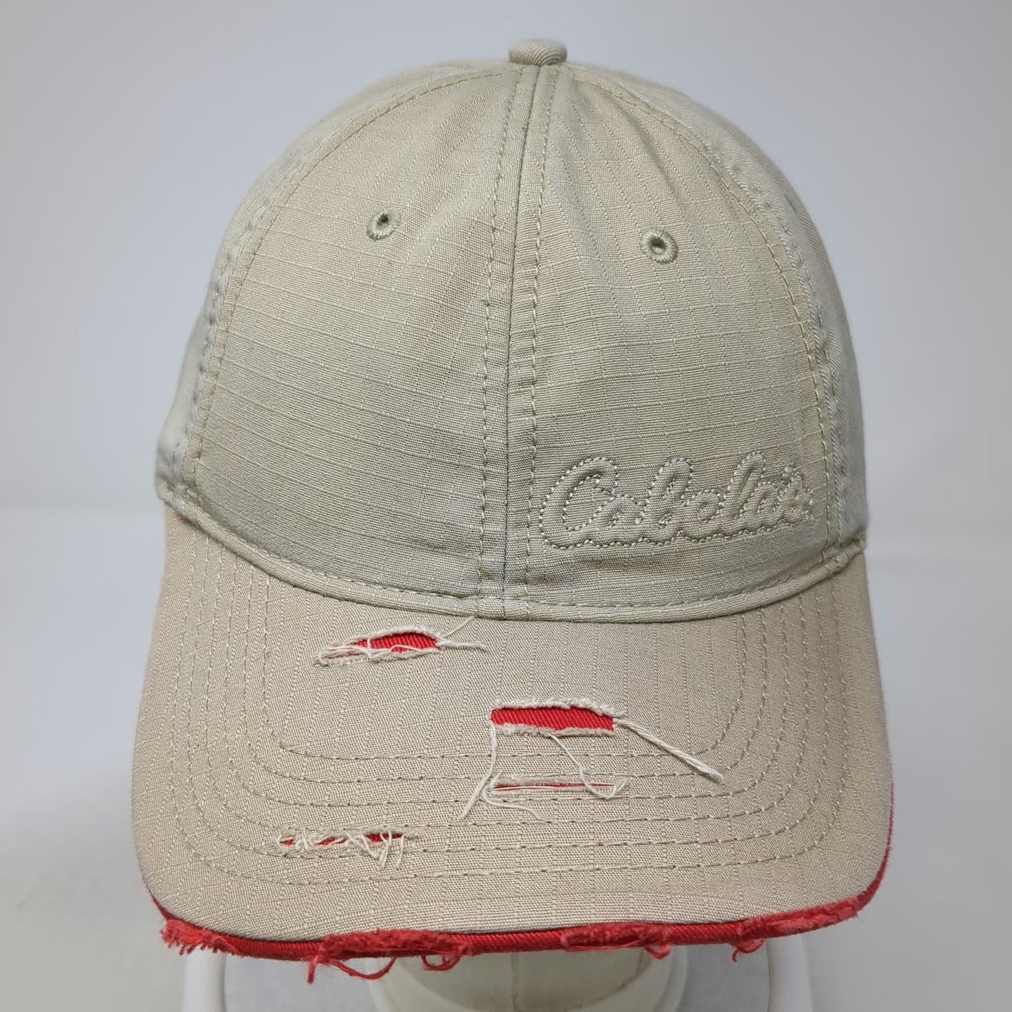 Cabela's Baseball Cap Beige Red S Noble Wear Strapback Hat Outdoor Hunting Logo