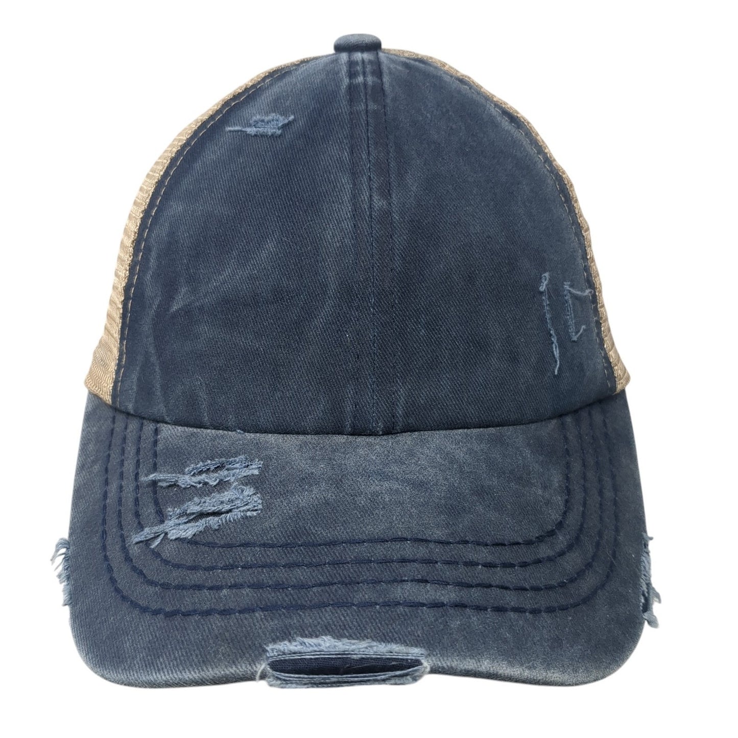 C.C Ponytail Trucker Hat Multicolor One Size Adjustable Distressed Mesh Back