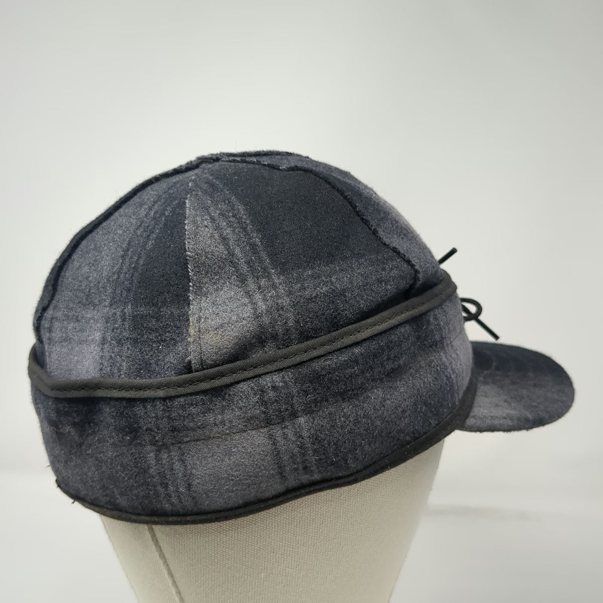 Stormy Kromer Baseball Cap Gray 7 3/8 Hat Plaid Wool Ear Flap Made USA Vintage