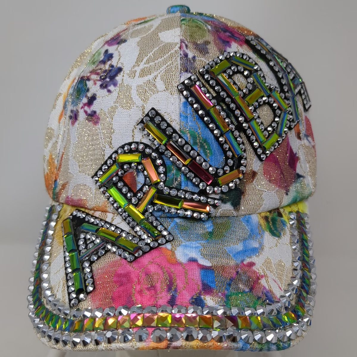White Baseball Cap OSFM Aruba Rhinestone Gem Floral Sparkle Bling Embellished